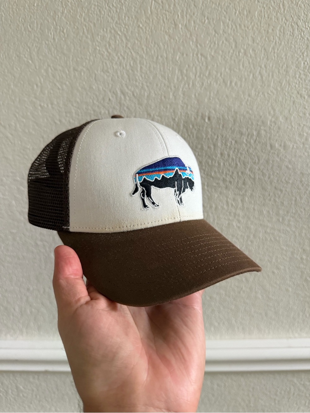 Patagonia Brown and Cream Trucker Hat with Multicolor Buffalo Patch